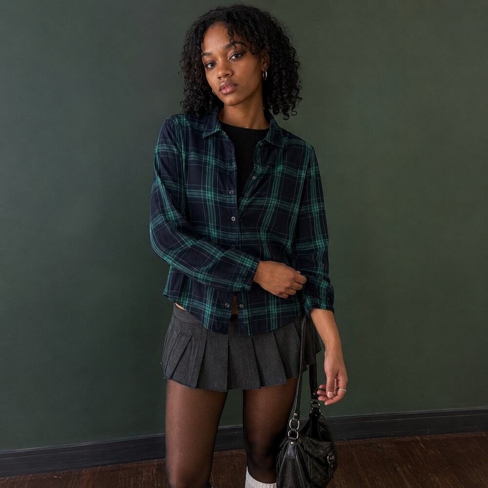 CAbi Big Sur Shirt 3769 Green Navy Plaid Button Down Top Medium Dark Academia